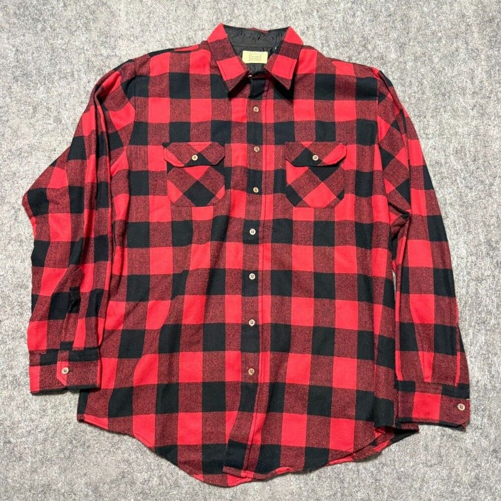 Vintage 60S 70S Sears Flannel Shirt Size XL Tall Red Black Plaid Long Sleeve